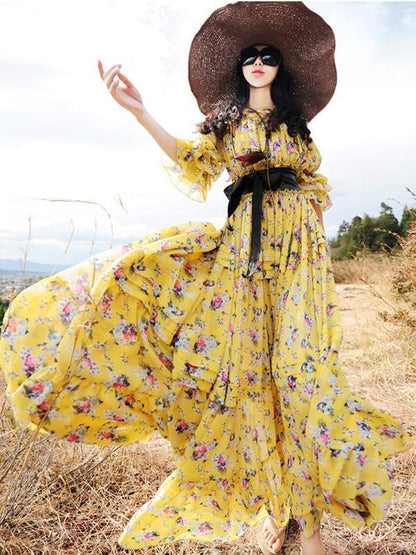 Pretty Bohemia Floral Half Sleeve Elastic Waist Round Neck Maxi Dress
