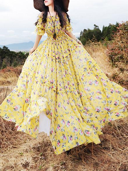 Pretty Bohemia Floral Half Sleeve Elastic Waist Round Neck Maxi Dress