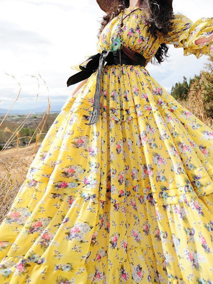 Pretty Bohemia Floral Half Sleeve Elastic Waist Round Neck Maxi Dress