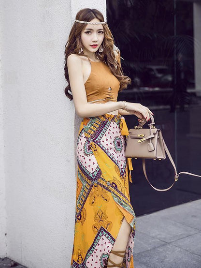 Bohemia Two-piece Brown Halterneck Tank-Top Long Asymmetric Skirt