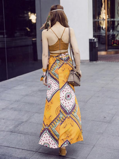 Bohemia Two-piece Brown Halterneck Tank-Top Long Asymmetric Skirt
