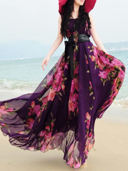 Popular Floral-Print Round Neck SleevelessChiffon Beach Vacation Maxi Dress