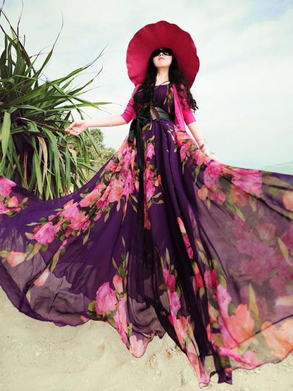Popular Floral-Print Round Neck SleevelessChiffon Beach Vacation Maxi Dress