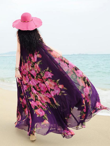 Popular Floral-Print Round Neck SleevelessChiffon Beach Vacation Maxi Dress