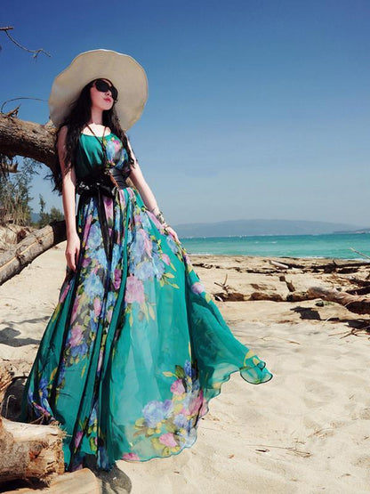 Popular Floral-Print Round Neck SleevelessChiffon Beach Vacation Maxi Dress