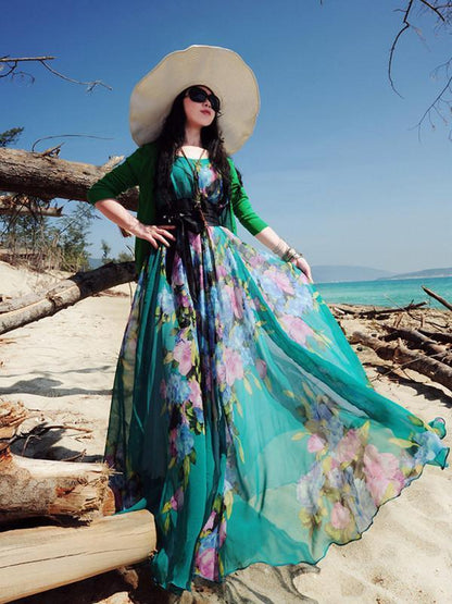 Popular Floral-Print Round Neck SleevelessChiffon Beach Vacation Maxi Dress