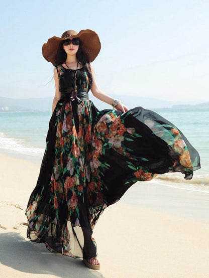 Popular Floral-Print Round Neck SleevelessChiffon Beach Vacation Maxi Dress