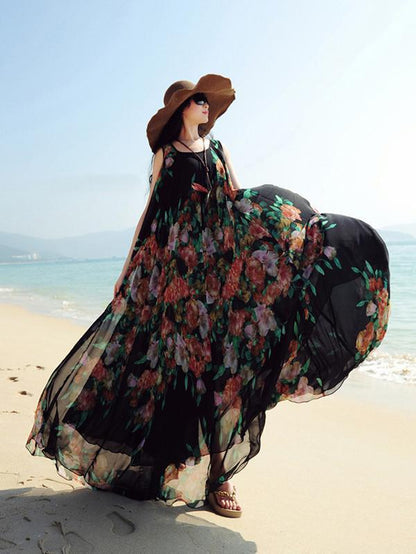 Popular Floral-Print Round Neck SleevelessChiffon Beach Vacation Maxi Dress