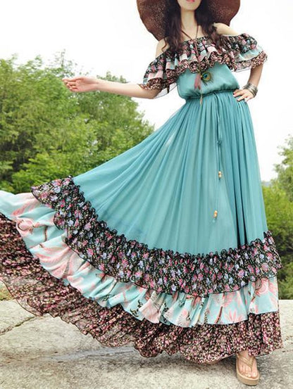 Popular Floral-Print Slim Fit Chiffon Stripes Off-Shoulder Bohemia Beach Dress