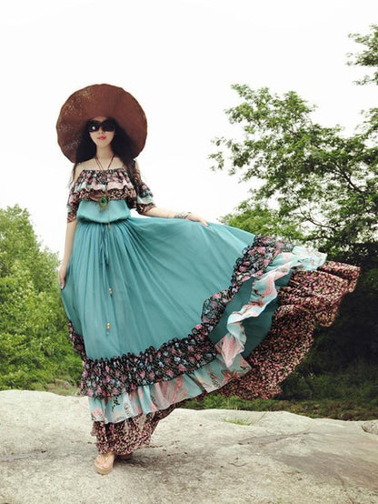 Popular Floral-Print Slim Fit Chiffon Stripes Off-Shoulder Bohemia Beach Dress
