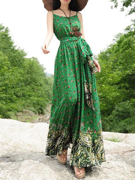 Elegant Floral-Print Slim Fit Stripes Off-Shoulder Lace-Up Maxi Dress