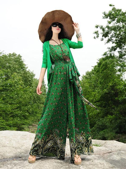 Elegant Floral-Print Slim Fit Stripes Off-Shoulder Lace-Up Maxi Dress