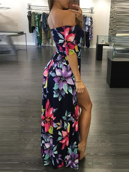 Pretty Sexy Floral-Print  Short Sleeve Off-Shoulder Side Split Maxi Dress