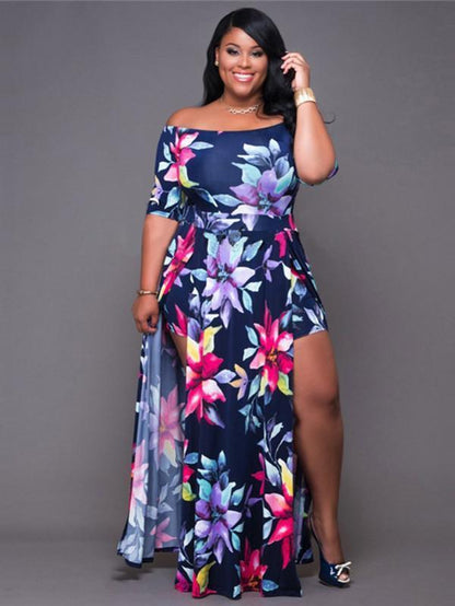 Pretty Sexy Floral-Print  Short Sleeve Off-Shoulder Side Split Maxi Dress