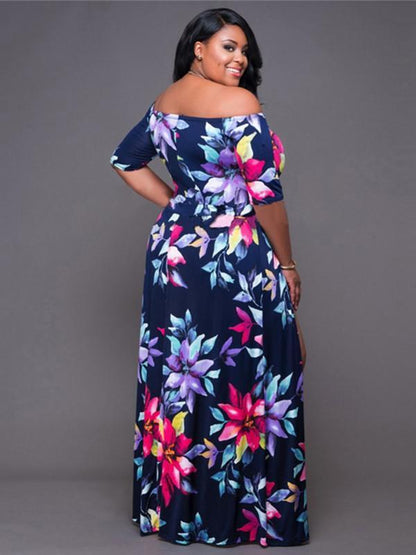 Pretty Sexy Floral-Print  Short Sleeve Off-Shoulder Side Split Maxi Dress