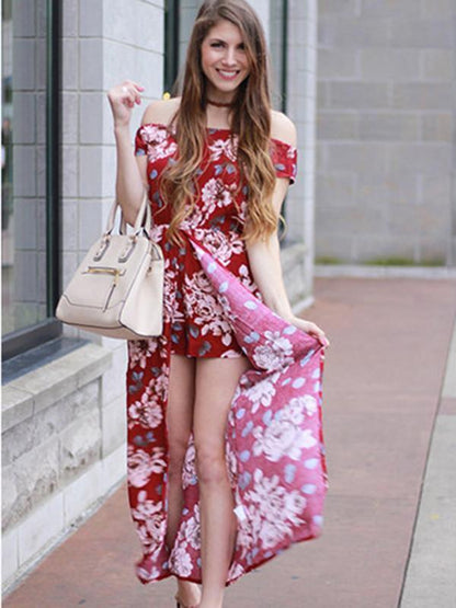 Popular Fashion Floral-Print Short Sleeve Off-Shoulder Bohemia Long Dress