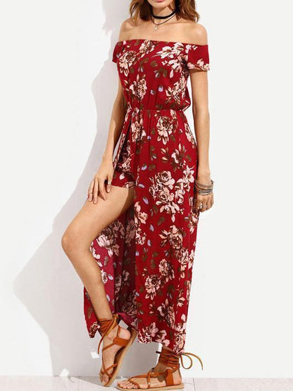 Popular Fashion Floral-Print Short Sleeve Off-Shoulder Bohemia Long Dress