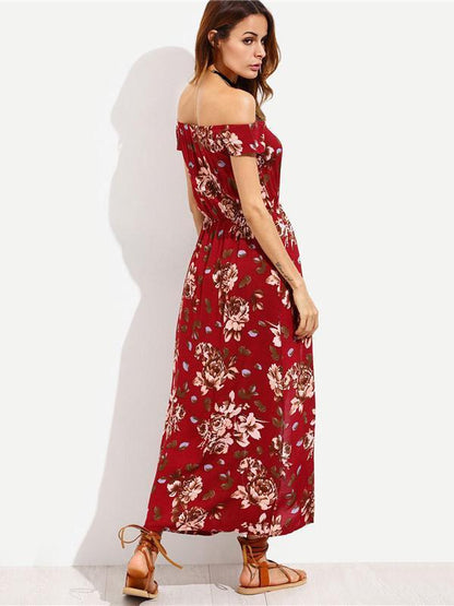 Popular Fashion Floral-Print Short Sleeve Off-Shoulder Bohemia Long Dress