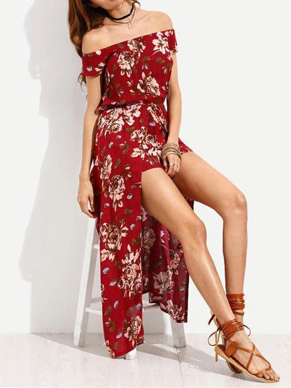 Popular Fashion Floral-Print Short Sleeve Off-Shoulder Bohemia Long Dress