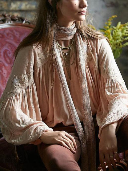 Embroidered Puff Sleeves V-neck Blouse
