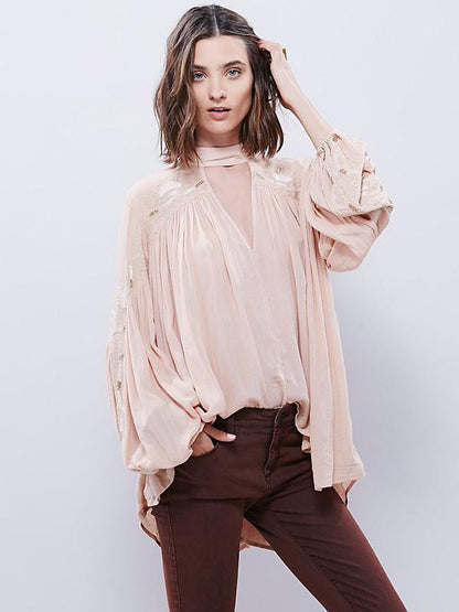 Embroidered Puff Sleeves V-neck Blouse