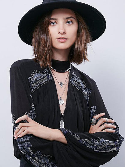 Embroidered Puff Sleeves V-neck Blouse