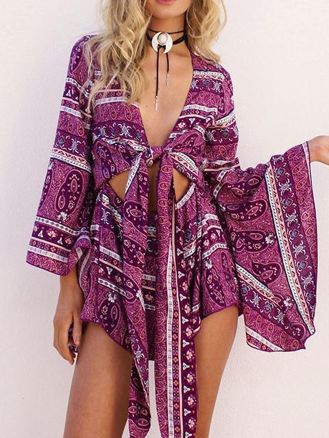 Floral-Print Long Sleeve V Neck Lace-Up Bohemia Short Jumpsuits