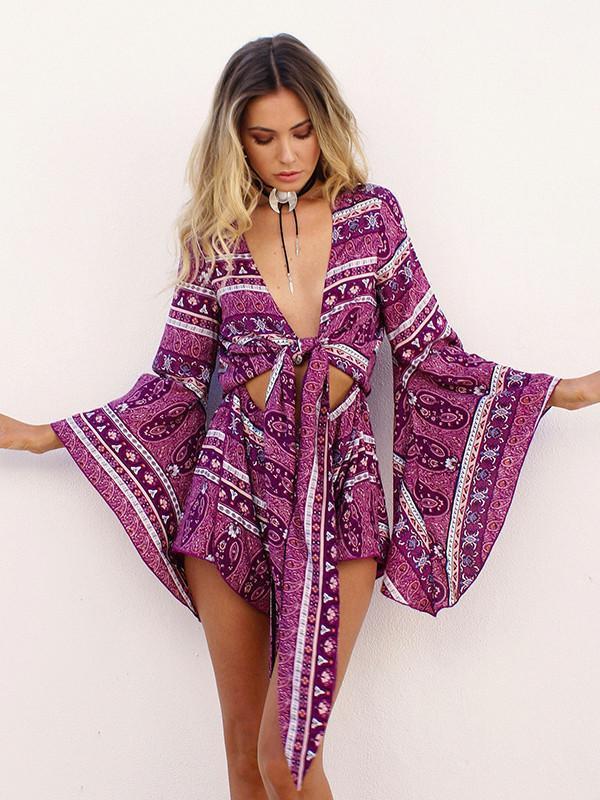 Floral-Print Long Sleeve V Neck Lace-Up Bohemia Short Jumpsuits