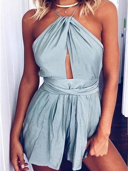 Pretty Sexy Solid Color Straps Off-Back Lace-Up Short Jumpsuits