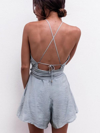 Pretty Sexy Solid Color Straps Off-Back Lace-Up Short Jumpsuits