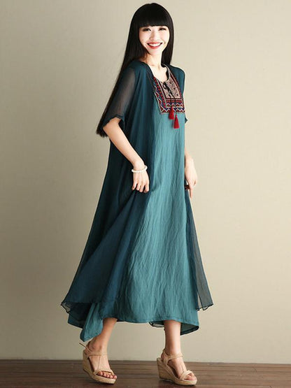 Green Embroidered Ramie Cotton Dress