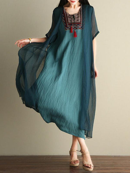 Green Embroidered Ramie Cotton Dress