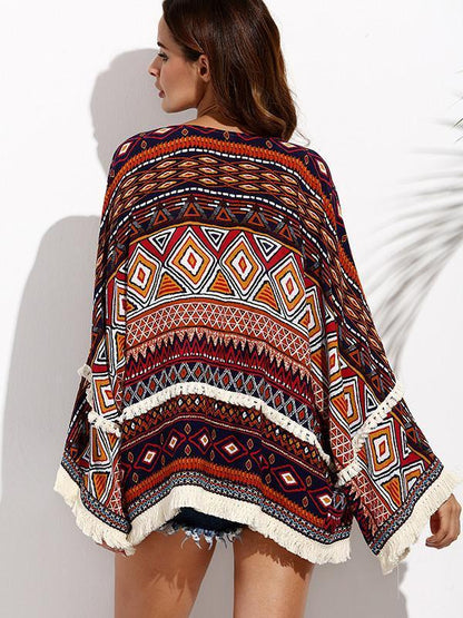 Beautiful Floral-Print Tassel Long Sleeve Beach Cover-Ups