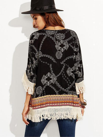Beautiful Floral-Print Tassel Half Sleeve Beach Cover-Ups