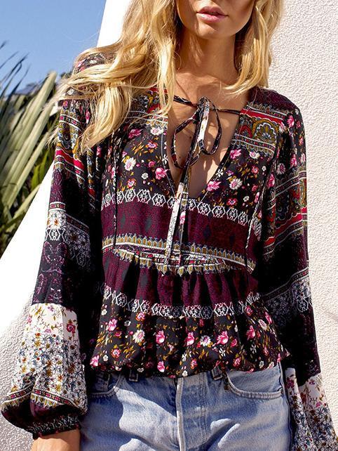 Beautiful Floral-Print Long Sleeve Deep V Neck Bohemia Beach T-Shirt Tops