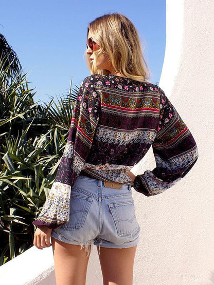 Beautiful Floral-Print Long Sleeve Deep V Neck Bohemia Beach T-Shirt Tops