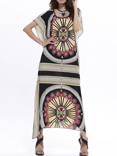 Beautiful Floral-Print Short Bat Sleeve Bohemia Beach Maxi Dress