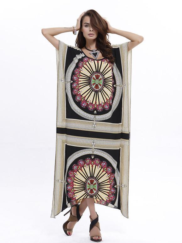 Beautiful Floral-Print Short Bat Sleeve Bohemia Beach Maxi Dress