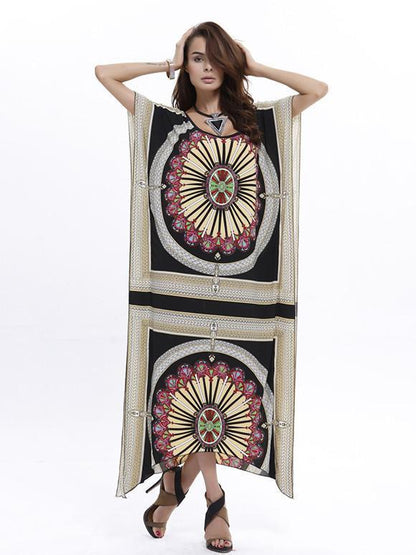 Beautiful Floral-Print Short Bat Sleeve Bohemia Beach Maxi Dress