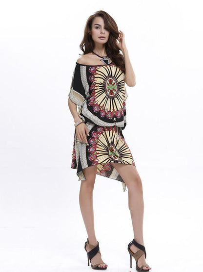 Beautiful Floral-Print Short Bat Sleeve Bohemia Beach Maxi Dress