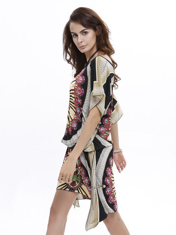 Beautiful Floral-Print Short Bat Sleeve Bohemia Beach Maxi Dress