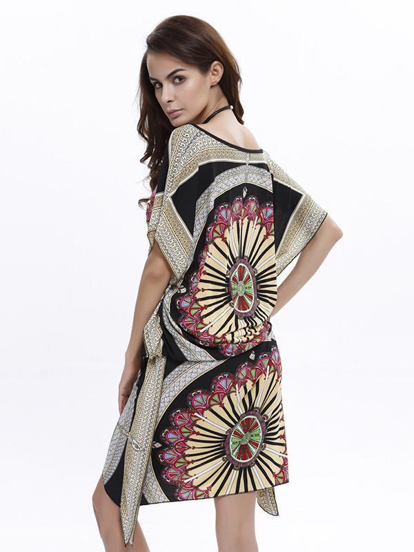 Beautiful Floral-Print Short Bat Sleeve Bohemia Beach Maxi Dress