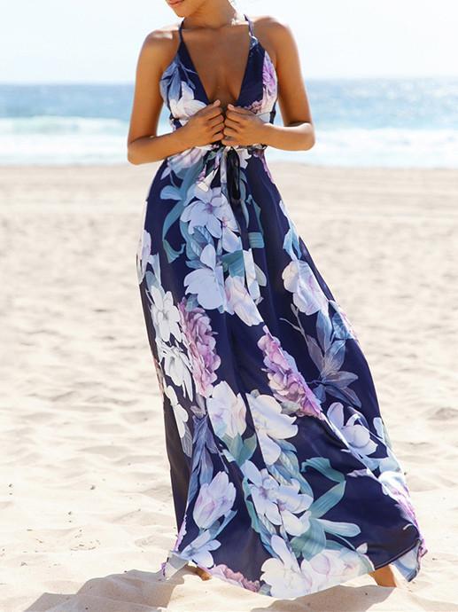 Popular Cotton Floral Printed  Off Back Deep V Neck Maxi Dress