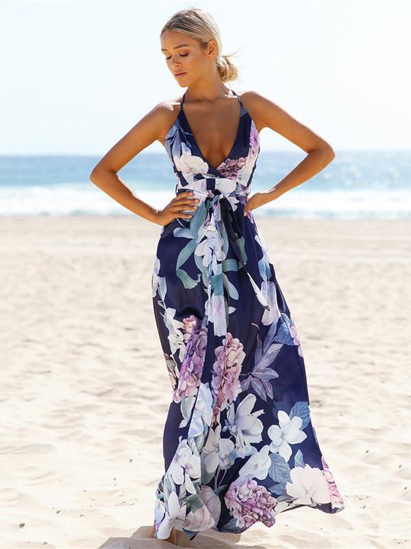 Popular Cotton Floral Printed  Off Back Deep V Neck Maxi Dress