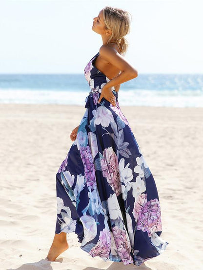 Popular Cotton Floral Printed  Off Back Deep V Neck Maxi Dress