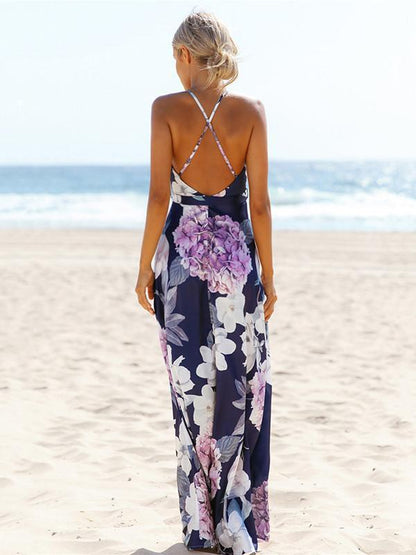 Popular Cotton Floral Printed  Off Back Deep V Neck Maxi Dress