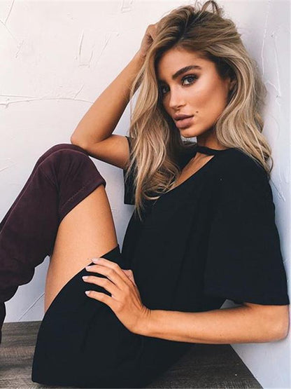 Popular Solid Color Short Sleeve V Neck Mini Dress