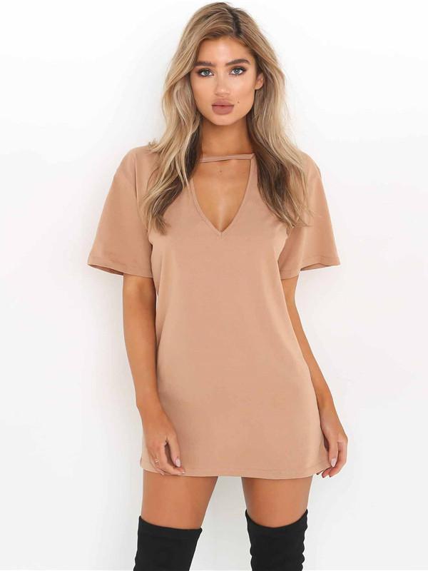 Popular Solid Color Short Sleeve V Neck Mini Dress
