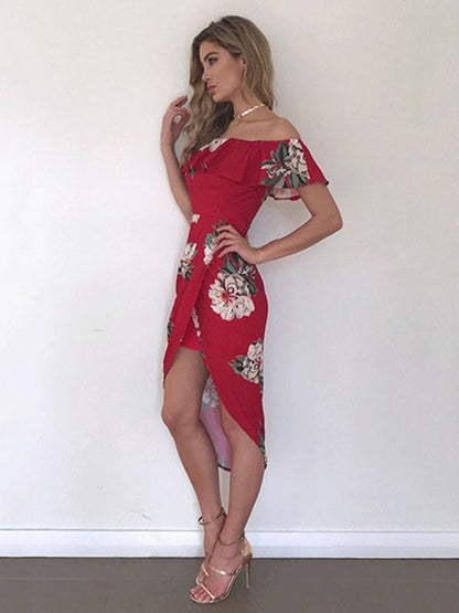Pretty Cotton Floral Printed Ruffled Off Shoulder Midi Dress