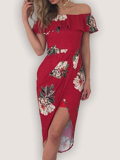 Pretty Cotton Floral Printed Ruffled Off Shoulder Midi Dress